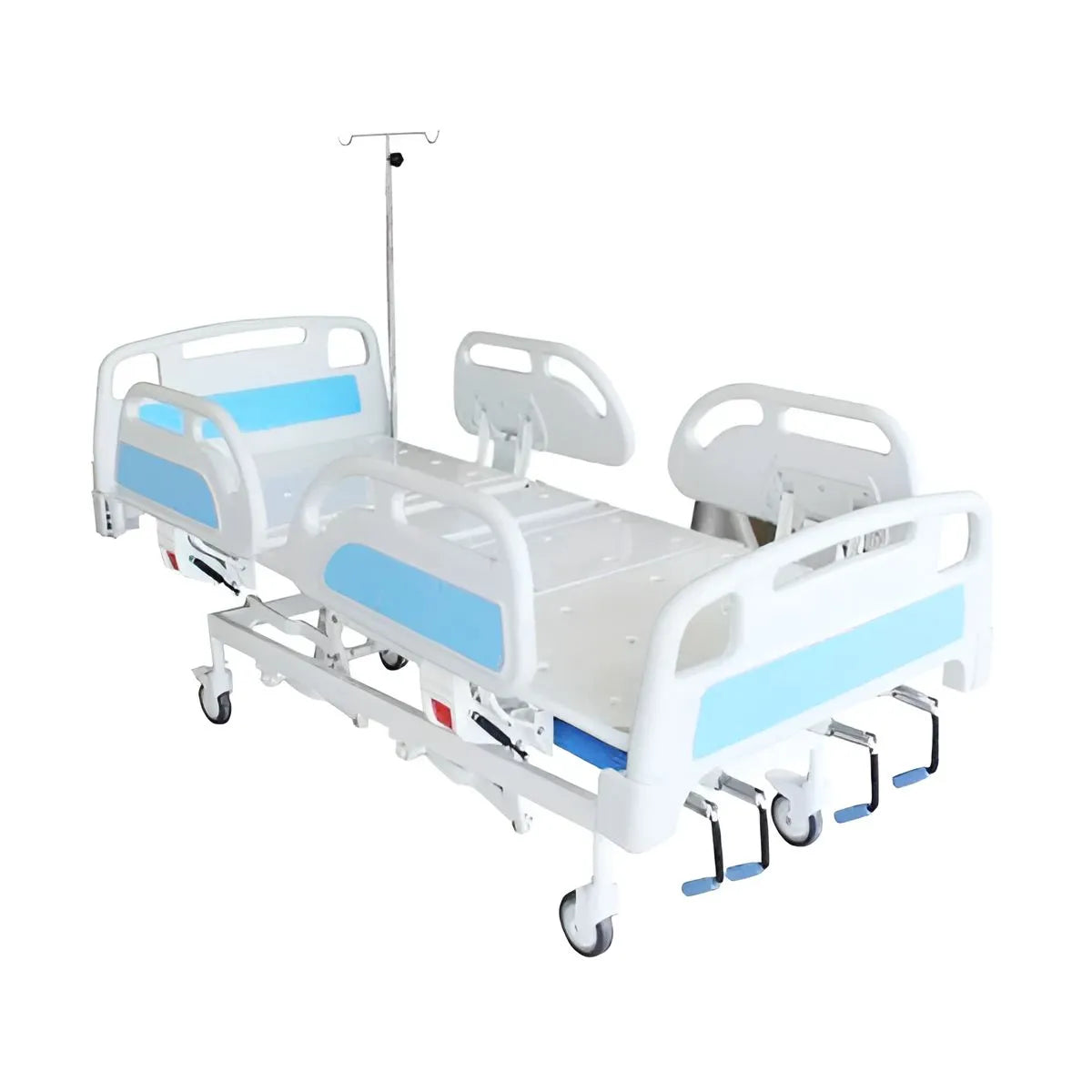 5 Function Mechanical ICU Hospital Bed with ABS Panels, ABS Side Rails, Wheels, & Mattress